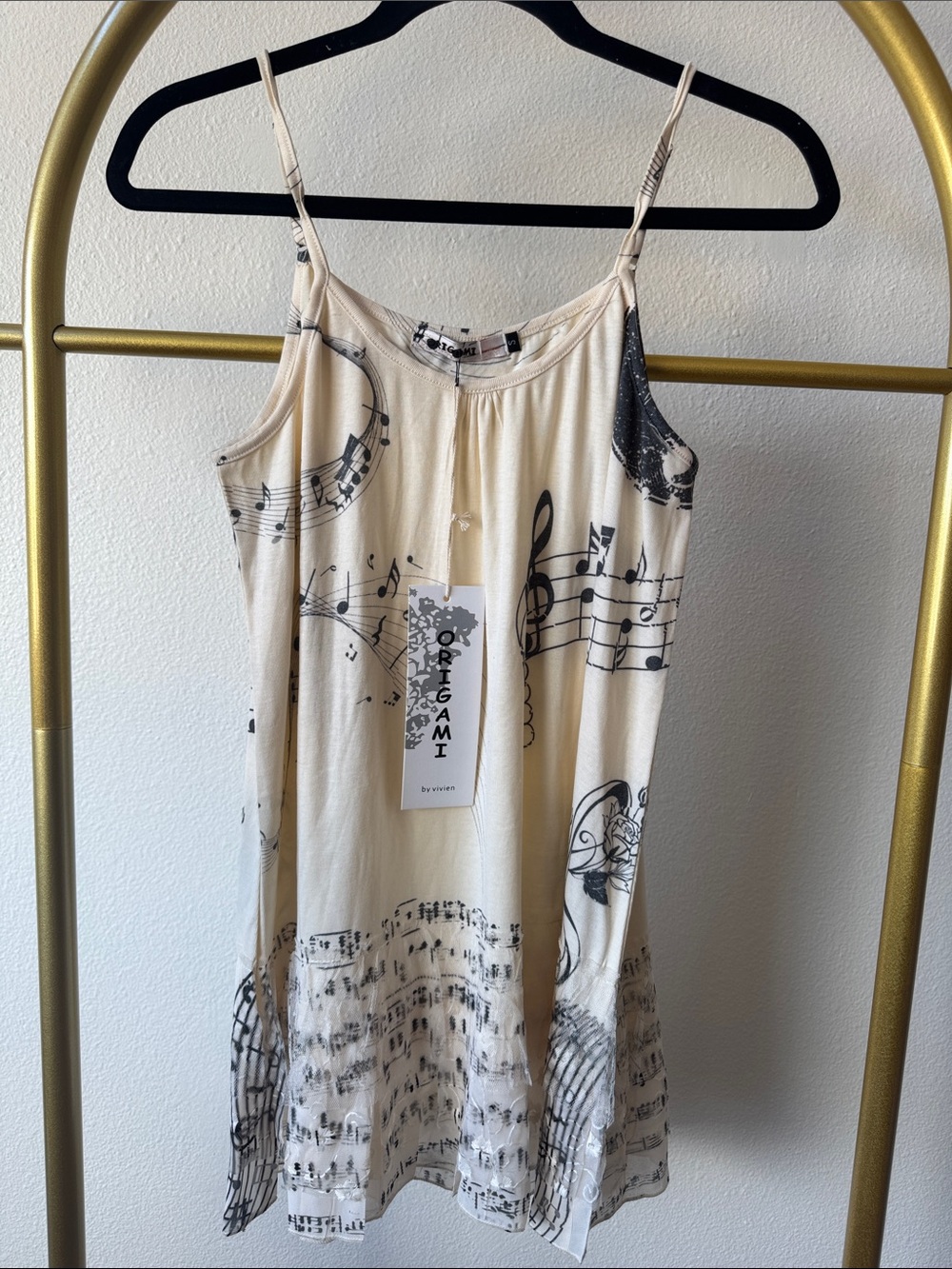 Origami Cream Music-Print Spaghetti Strap Tank